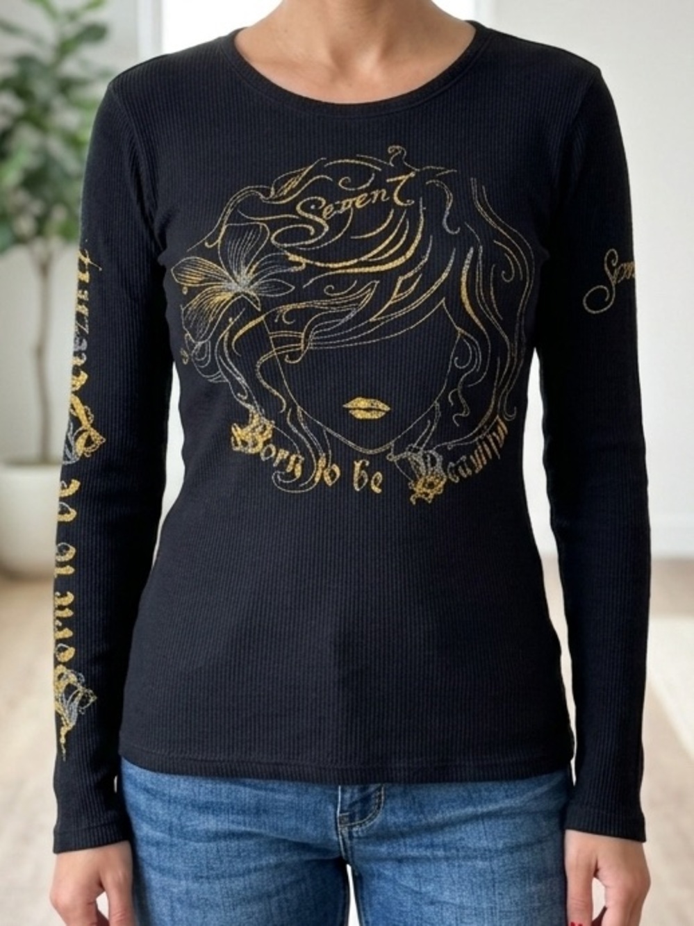 Seven7 Y2K Born To Be Beautiful 100% Cotton Ribbed Long Sleeve Graphic Tee EUC